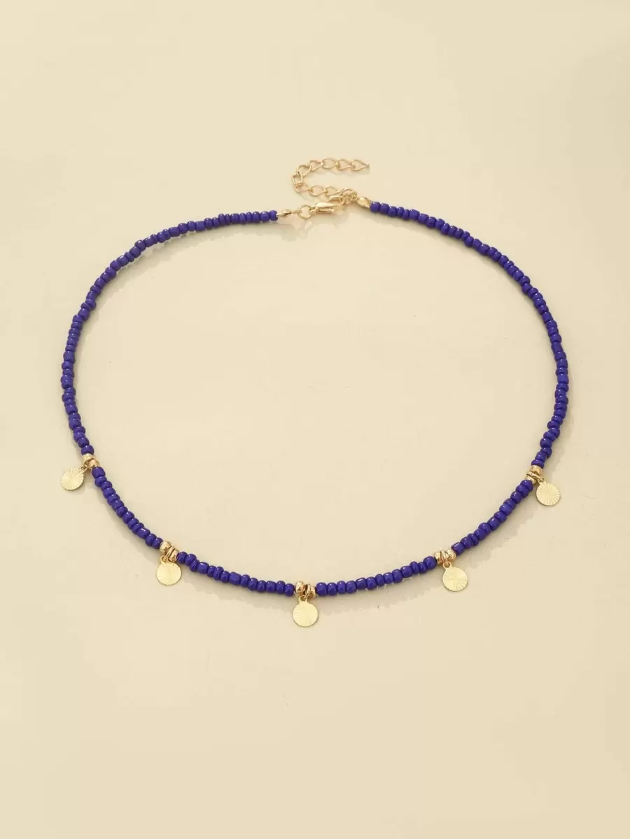 Disc Charm Beaded Necklace - Royal Blue - View 1