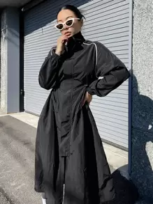 DAZY Váy sơ mi hở vai dây rút, trang phục mùa thu, váy dài tay - màu đen - Xem 1