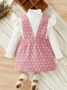 SHEIN Toddler Girls Ruffle Trim Tee & Polka Dot Pinafore Dress - Multicolor - View 1