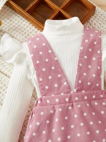 SHEIN Toddler Girls Ruffle Trim Tee & Polka Dot Pinafore Dress - Multicolor - View 3
