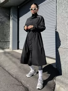 DAZY Váy sơ mi hở vai dây rút, trang phục mùa thu, váy dài tay - màu đen - Xem 8