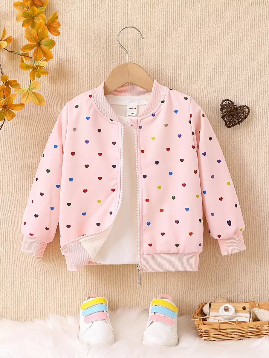 Young Girl Heart Print Bomber Jacket, Girls Jacket, Pink Jacket For Girls, Kids Heart Print Jacket, Cute Jackets For Girls, Toddler Girl Jacket