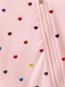 Young Girl Heart Print Bomber Jacket, Girls Jacket, Pink Jacket For Girls, Kids Heart Print Jacket, Cute Jackets For Girls, Toddler Girl Jacket