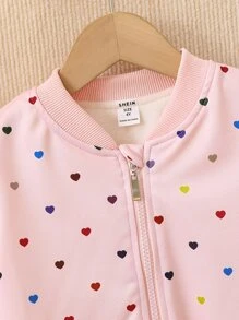 Young Girl Heart Print Bomber Jacket, Girls Jacket, Pink Jacket For Girls, Kids Heart Print Jacket, Cute Jackets For Girls, Toddler Girl Jacket