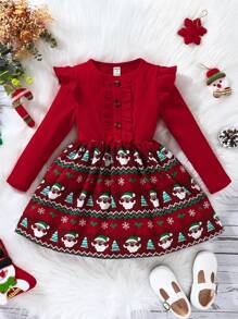 Toddler Girls Christmas Print Ruffle Trim Dress - Red - View 1