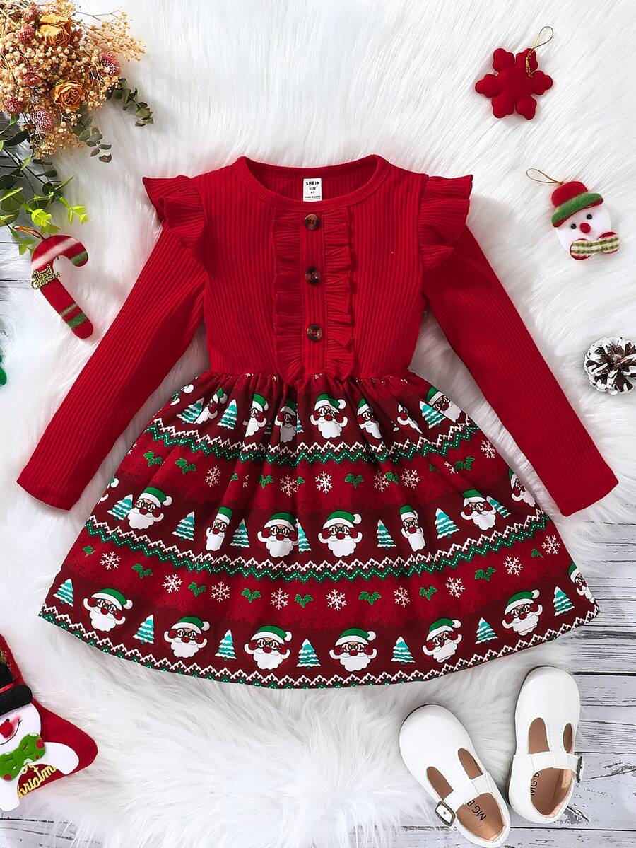 Toddler Girls Christmas Print Ruffle Trim Dress - Red - View 1