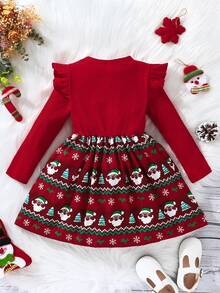 Toddler Girls Christmas Print Ruffle Trim Dress - Red - View 2
