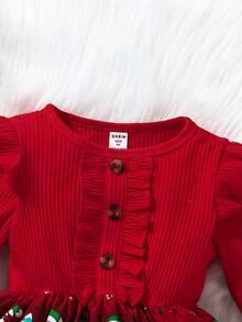 Toddler Girls Christmas Print Ruffle Trim Dress - Red - View 3
