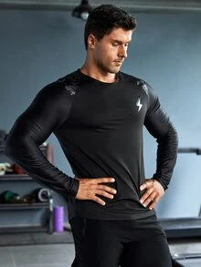 Hombres Camiseta deportiva con estampado de dibujo reflectante de manga raglán - Negro - Ver 4