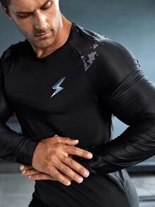 Hombres Camiseta deportiva con estampado de dibujo reflectante de manga raglán - Negro - Ver 5