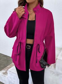 SHEIN LUNE Plus Drawstring Waist Zip Up Coat - Hot Pink - View 4