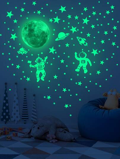 2pcs Astronaut Pattern Glow In The Dark Wall Sticker, Cartoon Self Adhesive Wall Art Decal For Home Decor, Stickers, Wall Decal, Vinyl Decal For Home Decorations, Spring Decoration Items Refresh Your Home, Festival Decoration Stickers Gifts Birthday Graduation