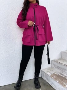 SHEIN LUNE Plus Drawstring Waist Zip Up Coat - Hot Pink - View 8