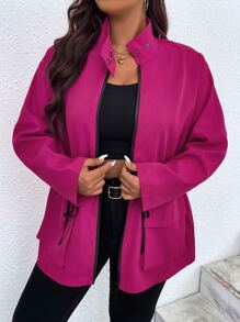 SHEIN LUNE Plus Drawstring Waist Zip Up Coat - Hot Pink - View 5