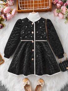 SHEIN معطف خرز لؤلؤ أكمام فانوس مقلم متباين مفتوح امامي للبنات الصغار