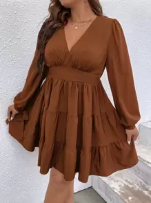 SHEIN Clasi Vestido de manga farol bajo con fruncido - Óxido marrón - Ver 7