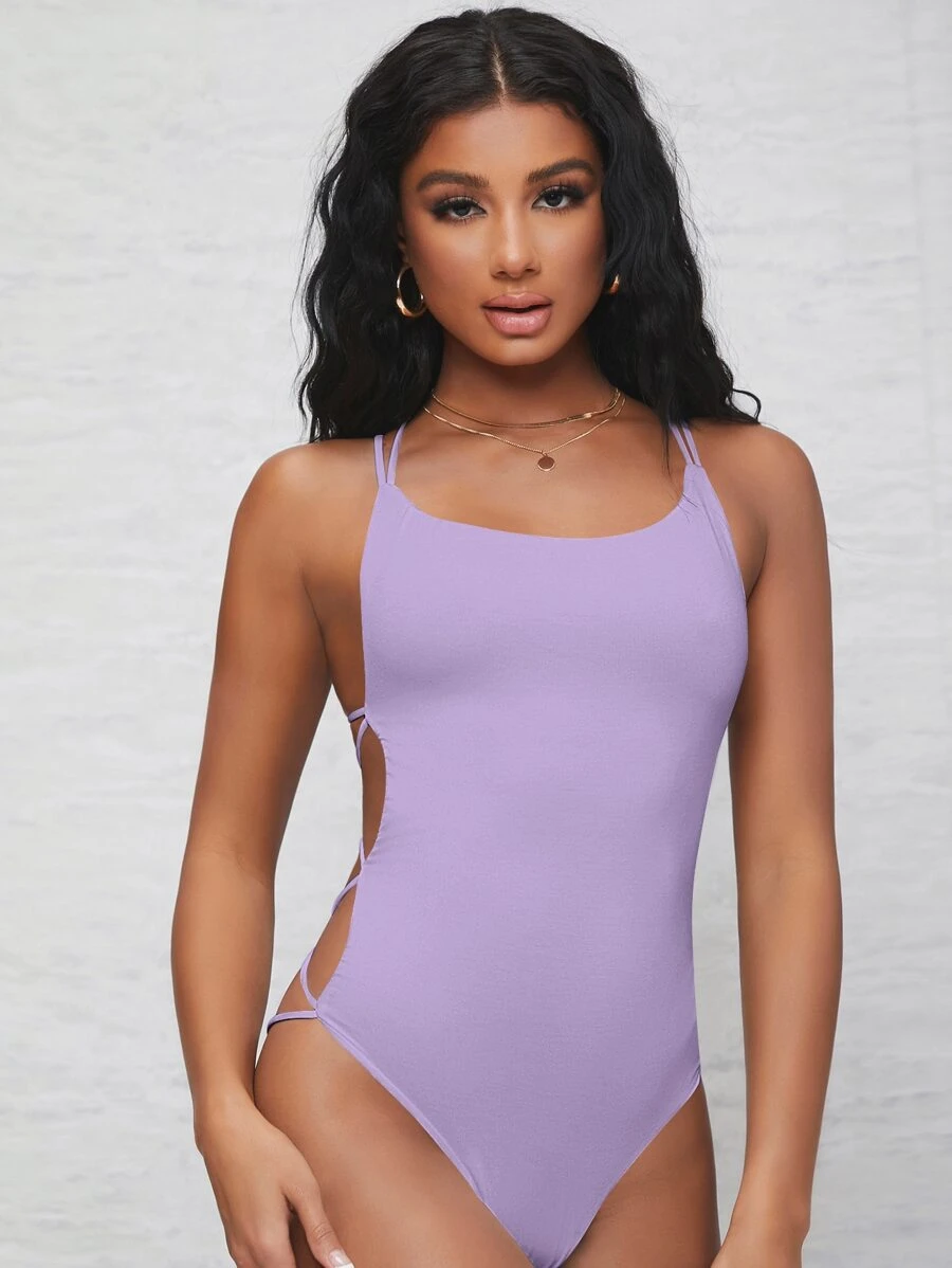 SHEIN BAE Strappy Open-Back Cheeky Bodysuit - Lilac Purple - View 1