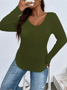 SHEIN LUNE Plus Patched Pocket Scoop Neck Tee Fall Cloth For Women - Army Green - View 7