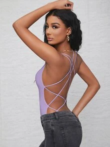 SHEIN BAE Strappy Open-Back Cheeky Bodysuit - Lilac Purple - View 4