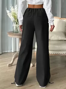 SHEIN EZwear Drawstring Waist Pocket Parachute Trousers - Black - View 2