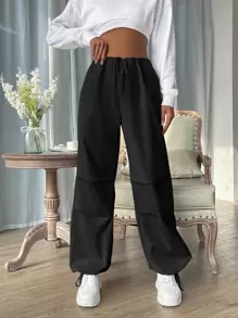 SHEIN EZwear Drawstring Waist Pocket Parachute Trousers - Black - View 3