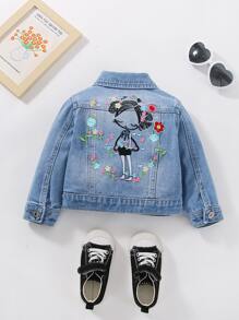 SHEIN Playful Pals Baby Girl Cartoon And Floral Embroidery Denim Jacket - Light Wash - View 1