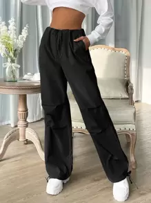 SHEIN EZwear Drawstring Waist Pocket Parachute Trousers - Black - View 4