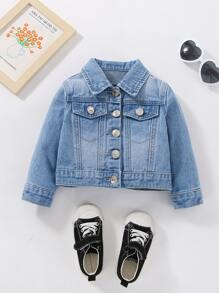 SHEIN Playful Pals Baby Girl Cartoon And Floral Embroidery Denim Jacket - Light Wash - View 2