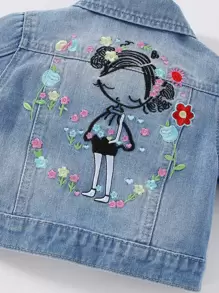SHEIN Playful Pals Baby Girl Cartoon And Floral Embroidery Denim Jacket - Light Wash - View 4