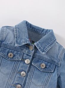 SHEIN Playful Pals Baby Girl Cartoon And Floral Embroidery Denim Jacket - Light Wash - View 5