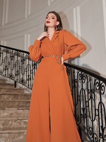 Modelyn 西裝領燈籠袖連身褲不附腰帶 - 亮橙色 - 查看 3