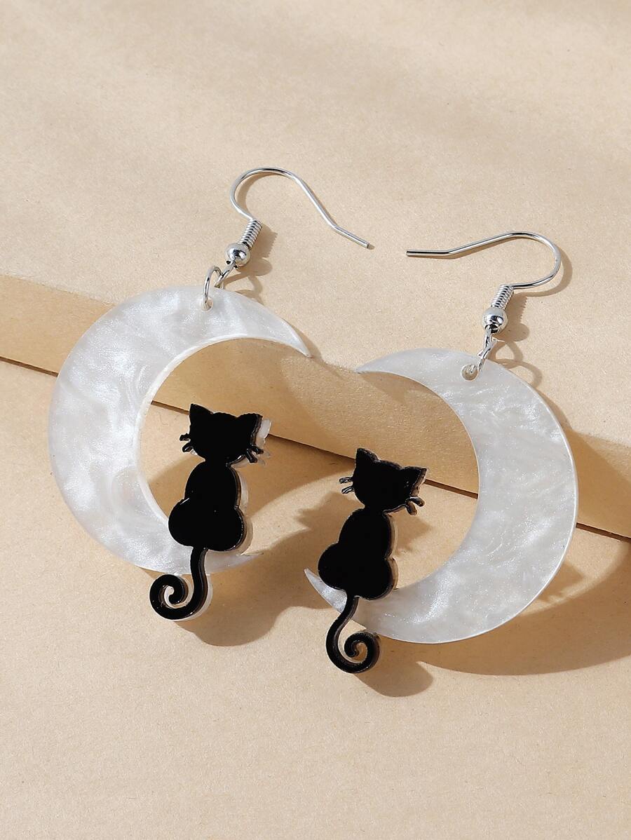 Cat & Moon Drop Earrings - Black and White - View 1