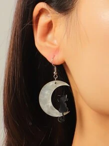 Cat & Moon Drop Earrings - Black and White - View 2