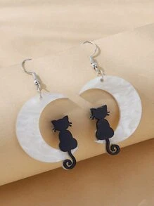 Cat & Moon Drop Earrings - Black and White - View 3