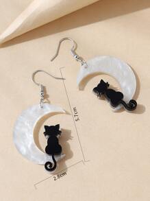 Cat & Moon Drop Earrings - Black and White - View 4