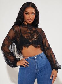 SHEIN SXY Mock Neck Lantern Sleeve Crop Lace Blouse Without Bra