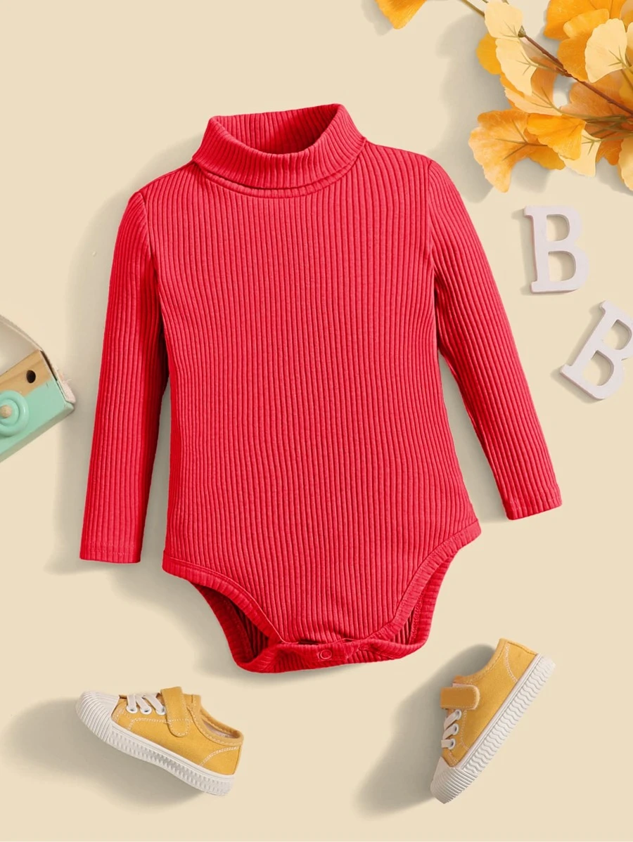 SHEIN Baby Rib-knit Turtleneck Bodysuit - Red - View 1