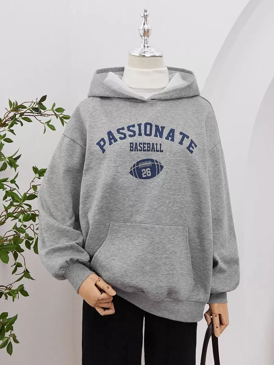 SHEIN Sudadera con gráfico de letras y hombros caídos para adolescentes - Gris Claro - Ver 1