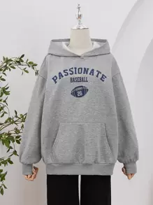 SHEIN Sudadera con gráfico de letras y hombros caídos para adolescentes - Gris Claro - Ver 3