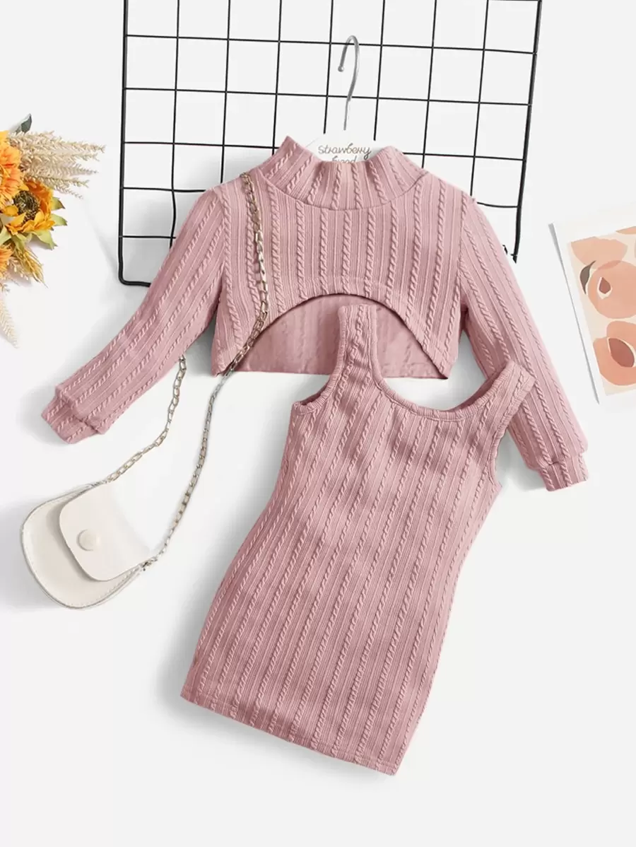 SHEIN Đứa bé gái Textured Váy ba lỗ & Cổ giả Cao Thấp Áo chui đầu - Bụi hồng - Xem 1