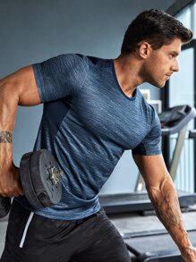 Men Reflective Detail Marled Sports Tee - Navy Blue - View 1