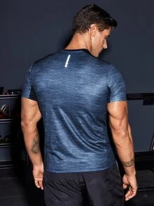 Men Reflective Detail Marled Sports Tee - Navy Blue - View 2