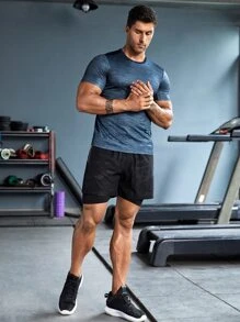 Men Reflective Detail Marled Sports Tee - Navy Blue - View 3