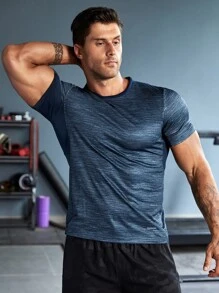 Men Reflective Detail Marled Sports Tee - Navy Blue - View 4