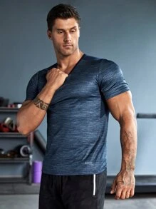 Men Reflective Detail Marled Sports Tee - Navy Blue - View 6