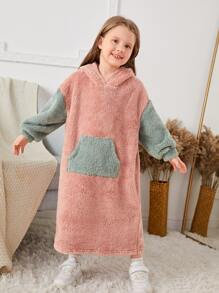 SHEIN Young Girl Two Tone Pocket Drop Shoulder Teddy Sweatshirt Dress,In Fall/Winter - Multicolor - View 3