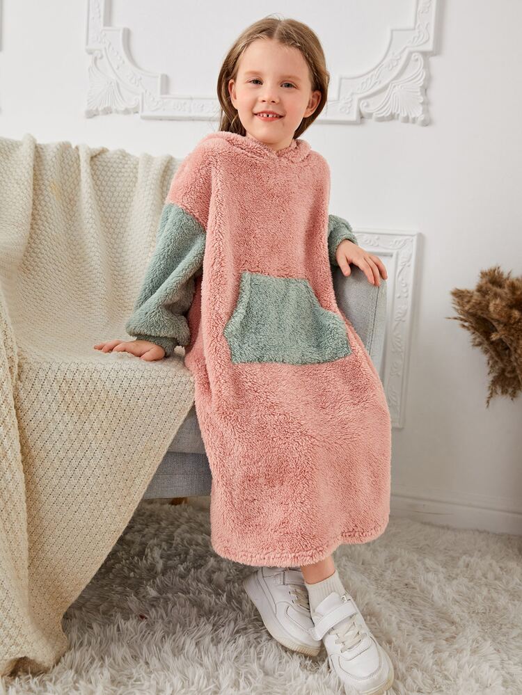 Young Girl Two Tone Pocket Drop Shoulder Teddy Sweatshirt Dress,In Fall/Winter