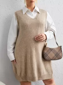 Calvaya 大碼1入組補丁貼口袋毛衣裙 - 卡其色 - 查看 3