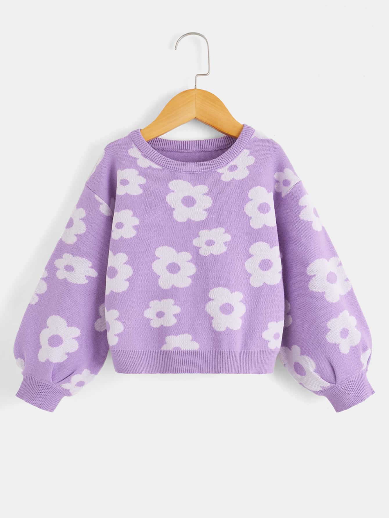 Toddler Girls Floral Pattern Plicated Detail Drop Shoulder Jumper - Lilac Purple - View 1