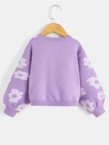 Toddler Girls Floral Pattern Plicated Detail Drop Shoulder Jumper - Lilac Purple - View 2